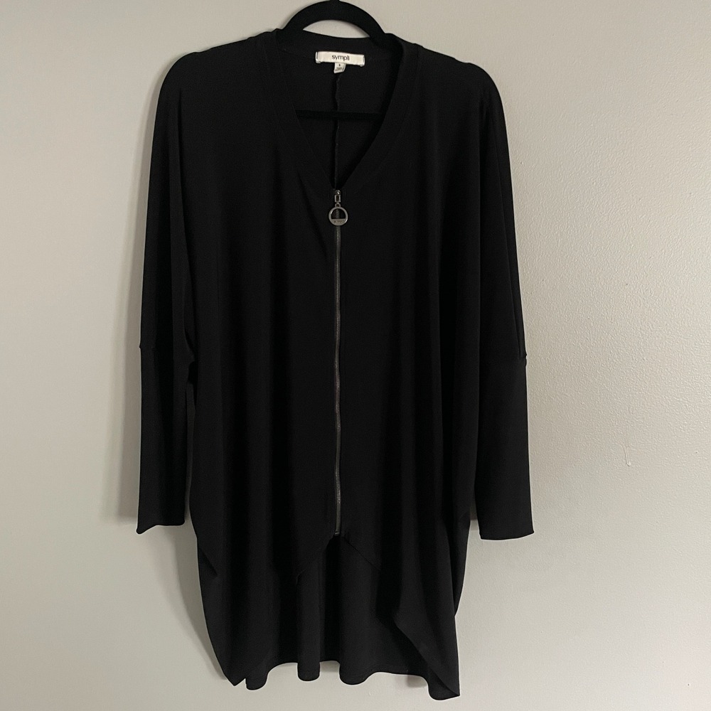 Sympli Tunic Top Womens 8 Black Zip Front Dolman High Low Jersey Lagenlook